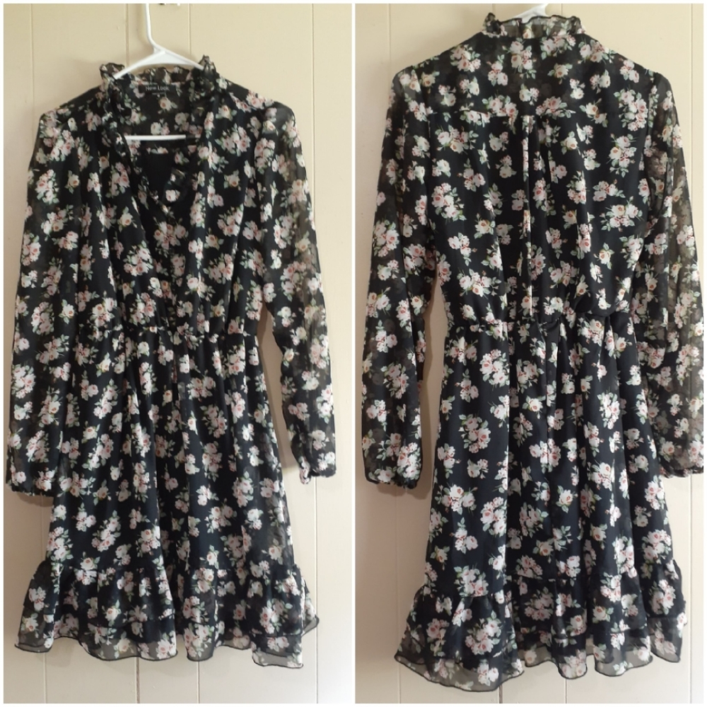 New look black floral chiffon v neck dress MED